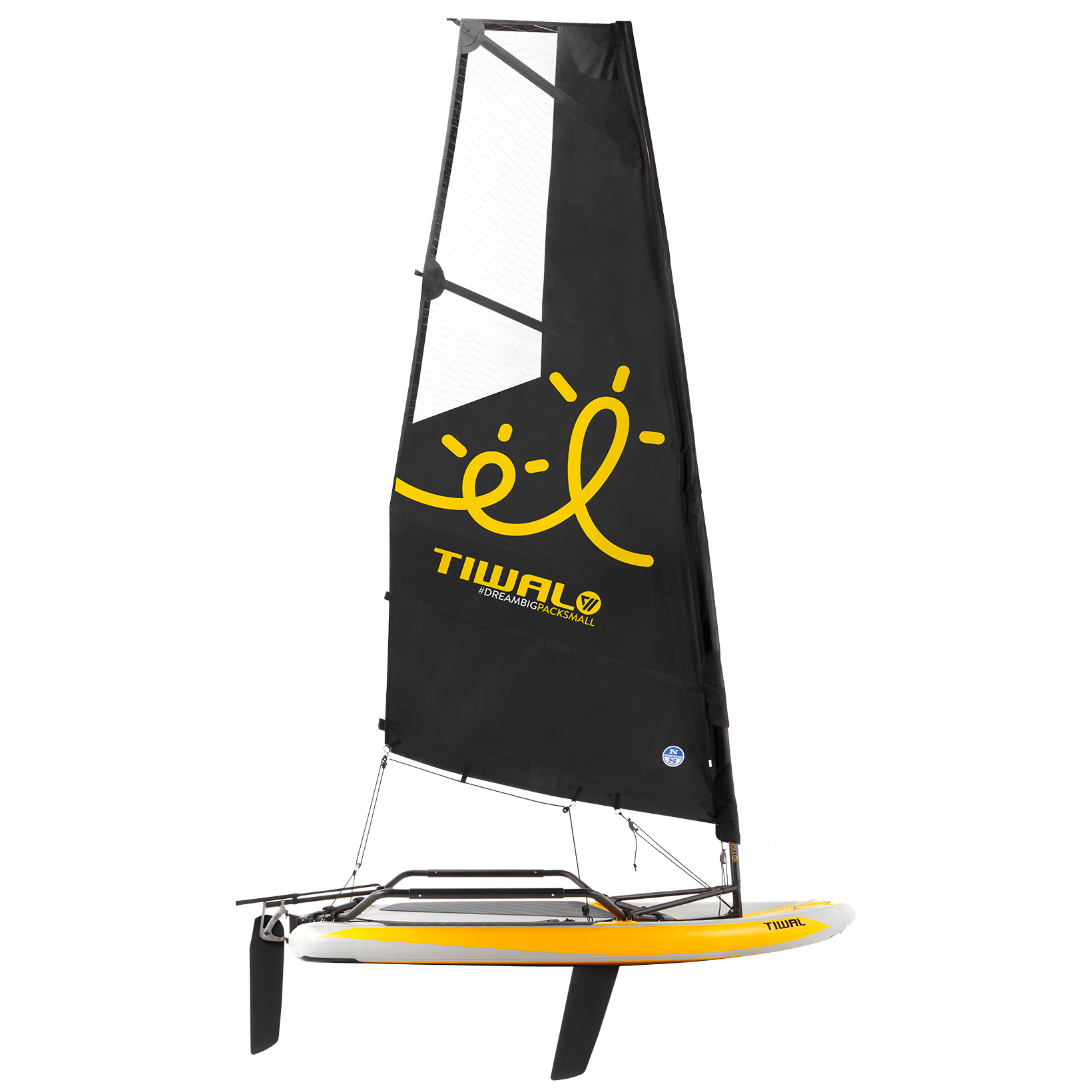 Inflatable small sailboat Tiwal 2 with yellow furling sail