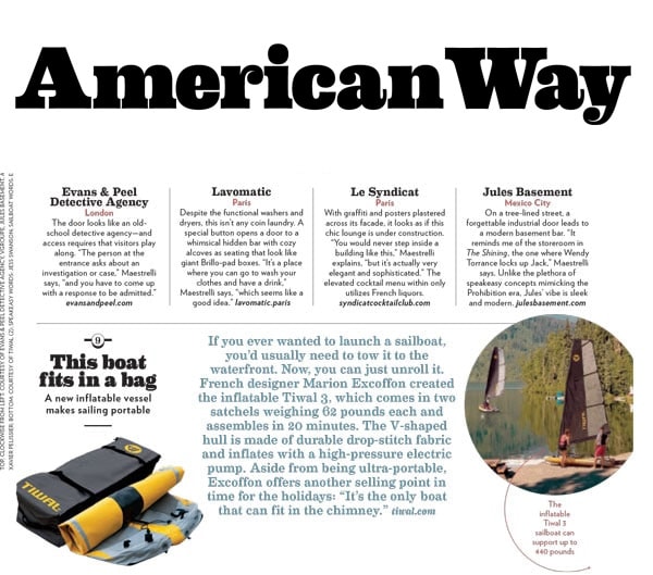 Le dériveur gonflable Tiwal dans le magazine American Way